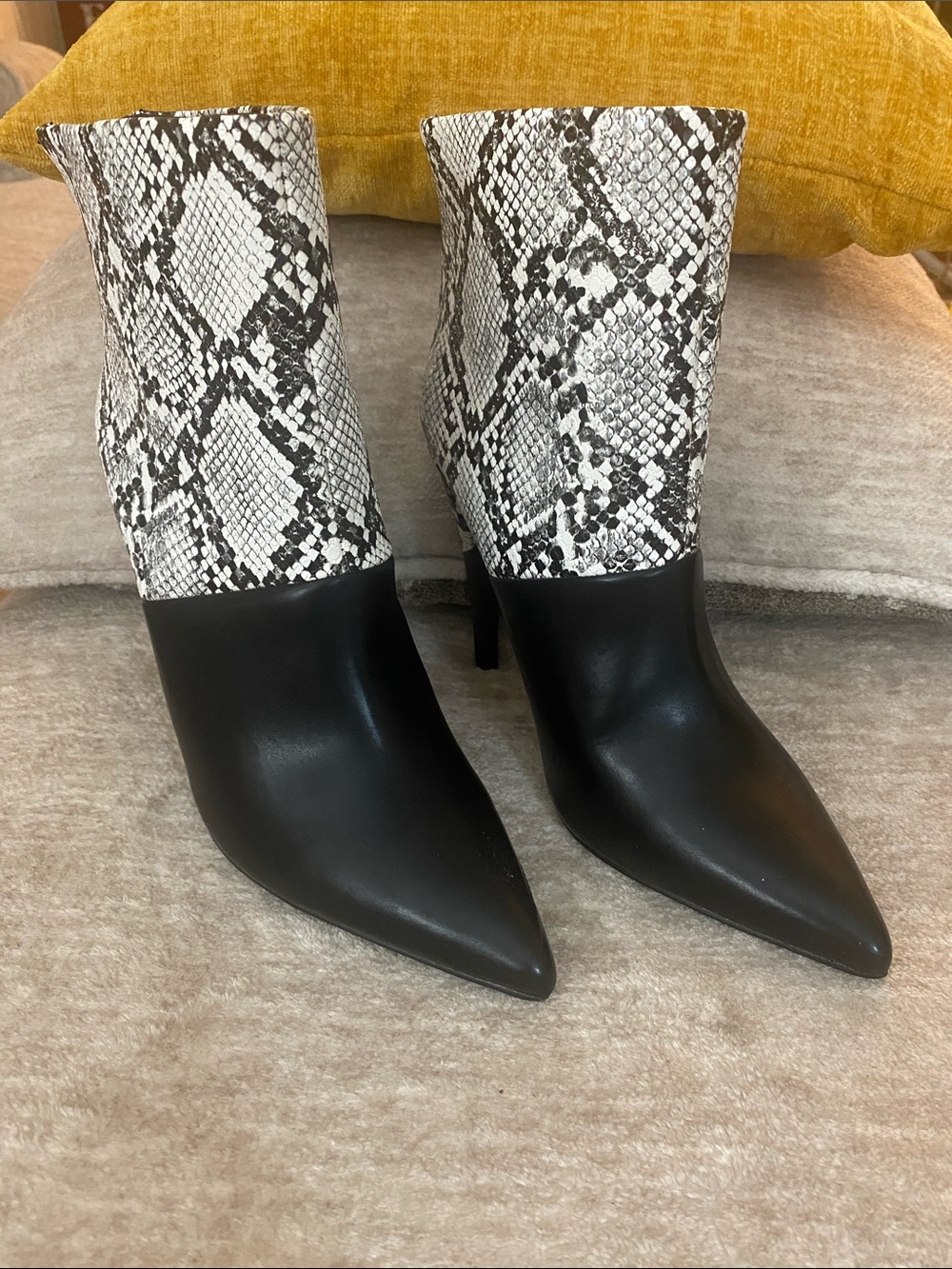 JustFab Black Pointed Toe Ankle Boots with White Snake-Print Shaft